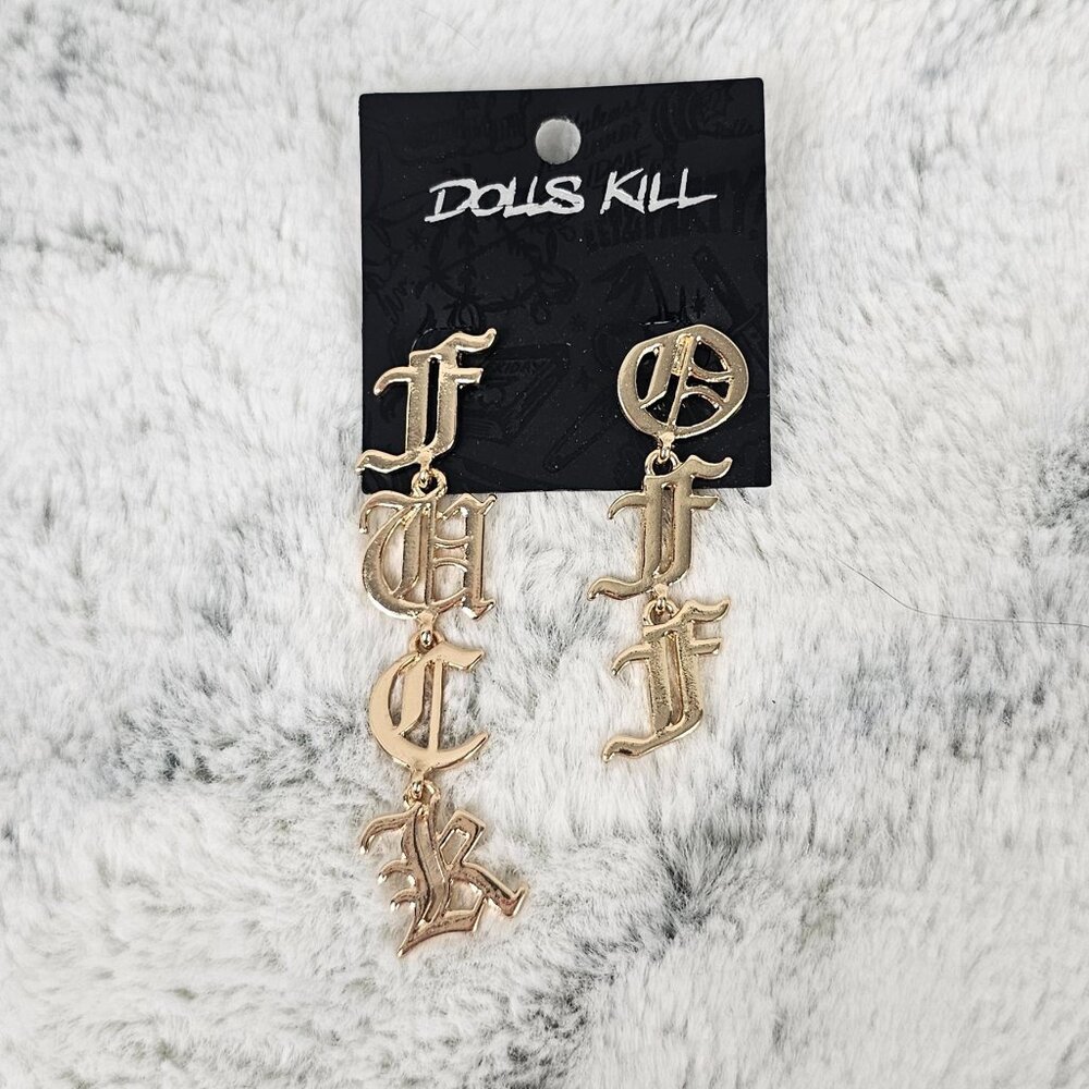 Dolls Kill Cat Caller Gold Asymmetrical Earrings Set F**k OFF Leave Me Alone